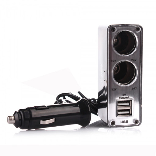 Розгалужувач прикурювача, 2в1+2 USB, 1000mA, подовжувач, LED індикатор, <ДК>