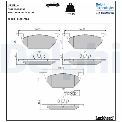 Колодки тормозные передние к/кт AUDI A1, A2, A3; SEAT ALTEA, ALTEA XL, CORDOBA, IBIZA III, IBIZA IV, IBIZA IV SC, IBIZA IV ST, LEON, TOLEDO I, TOLEDO