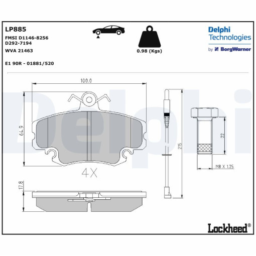 Колодки тормозные передние к/кт DACIA LOGAN, LOGAN EXPRESS, LOGAN MCV, SANDERO, SOLENZA; LADA LARGUS; PEUGEOT 205 I, 205 II, 305 II, 309 I, 309 II; RE