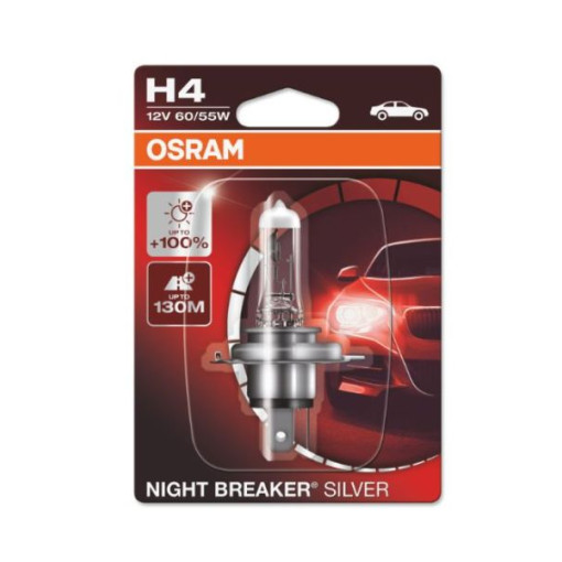 Лампа автомобильная Night Breaker Silver галоген H4 (10 шт., 12 В, 60/55 Вт, тип гнезда: P43T ; (EN) up to 100% greater brightness; (EN) up to 130m li