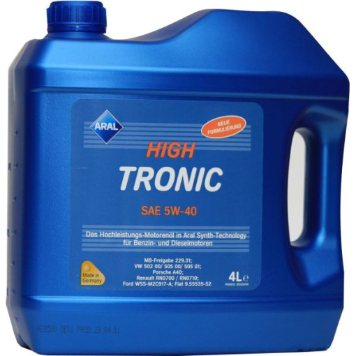 Моторное масло ARAL HIGHTRONIC 5W40 4L (4L) SAE 5W40 ;API CF; SN; ACEA C3; FIAT 9.55535-S2; FORD WSS-M2C917-A; MB 229.31; MB 229.51; PORSCHE A40; RENA