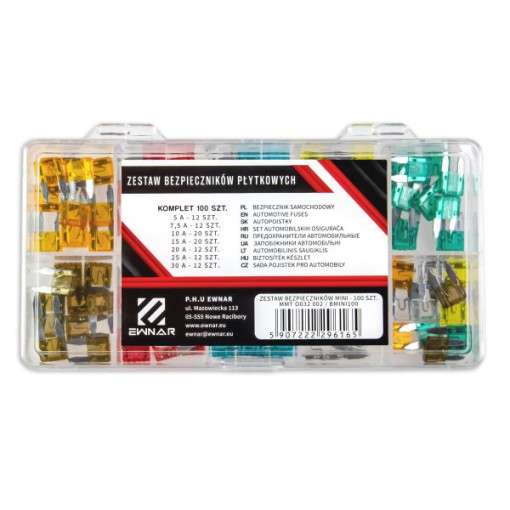 Предохранители міні  к-т 100 шт (10A - 20; 15A - 20; 20A - 12; 25A - 12; 30A - 12; 5A - 12; 7,5A - 12) плаский