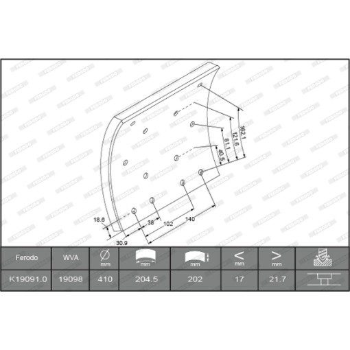 Накладки тормозные барабанные STD (410x200) IVECO + ЗАКЛЕПКИ WWA 19263