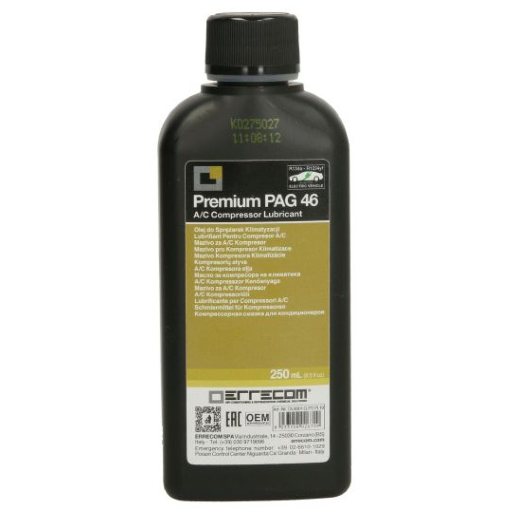 Масло для кондиціонера автомобіля PAG 46, 0,25L 1 шт, тип охолоджувача: R1234yf/R134a, сервіс гібридних автомобілів, технічне обслуговування електромобілів, PREMIUM PAG 46